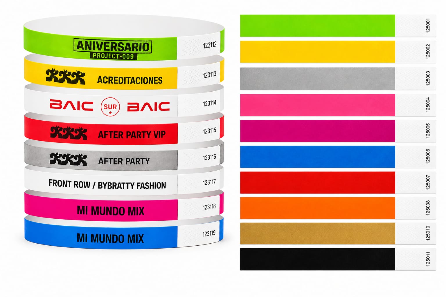 Catálogo de colores de pulseras Tyvek para eventos
